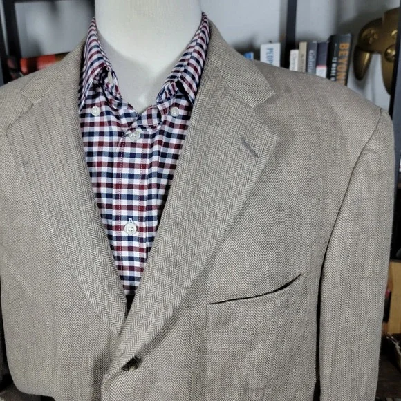 Eddie Bauer Men's Sport Coat Blazer Two Button Beige Herringbone Irish Linen 44R